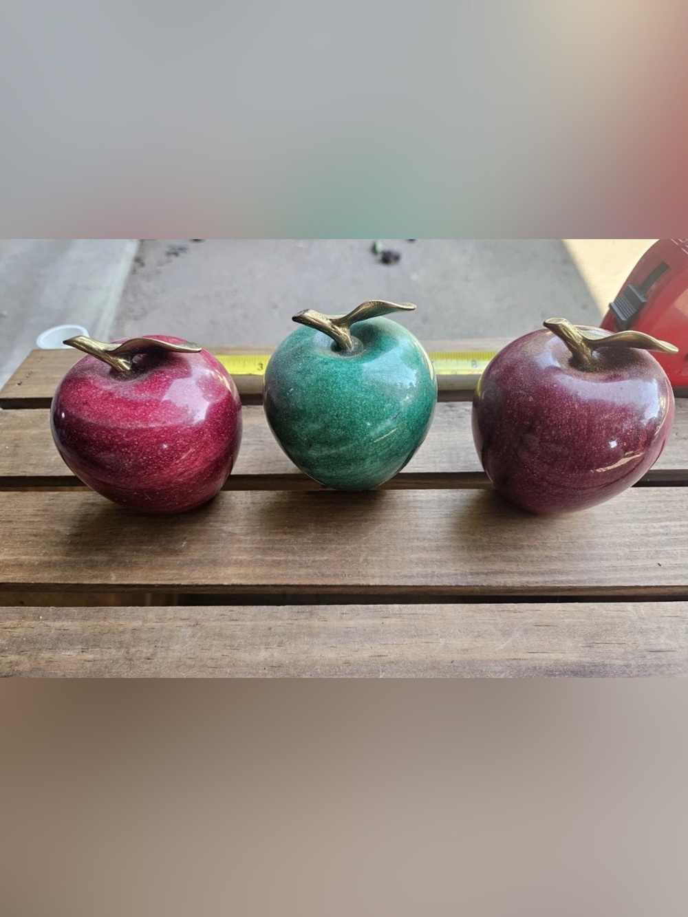 Vintage Decorative Stone Apple Set of 3 Brass Leaf Paperweights Teacher Gift